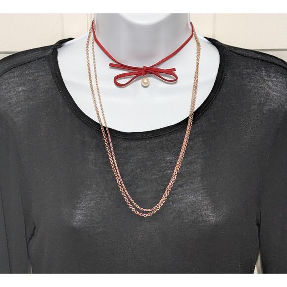Carisma Choker Necklace Set Red Bow Pearl Bead Gold Tone Layered Chains Gift - Picture 3 of 7